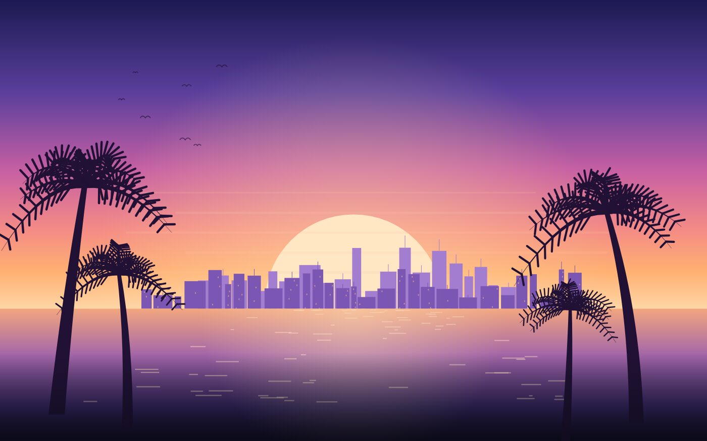 Illustrated palm trees at sunset